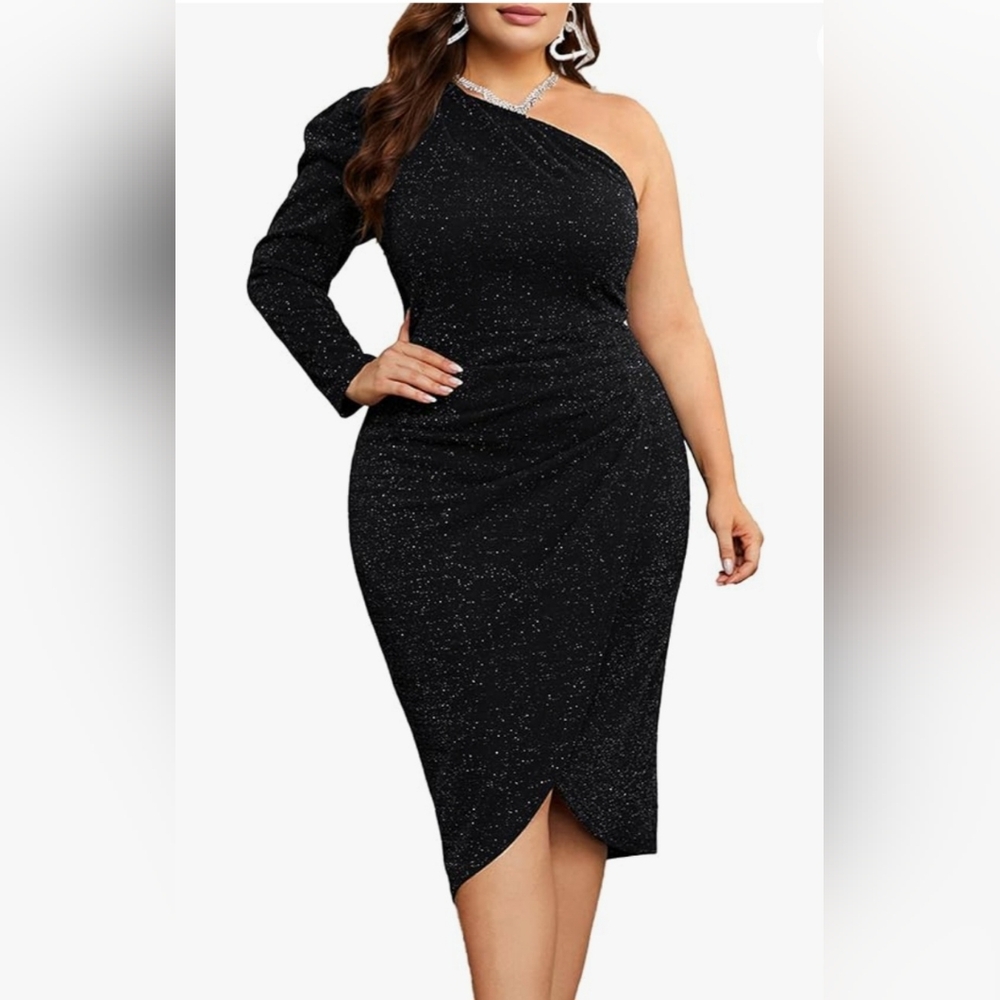 KIMCURVY Women's Plus Size One Shoulder Ruched Wrap Cocktail Party Glitter Midi